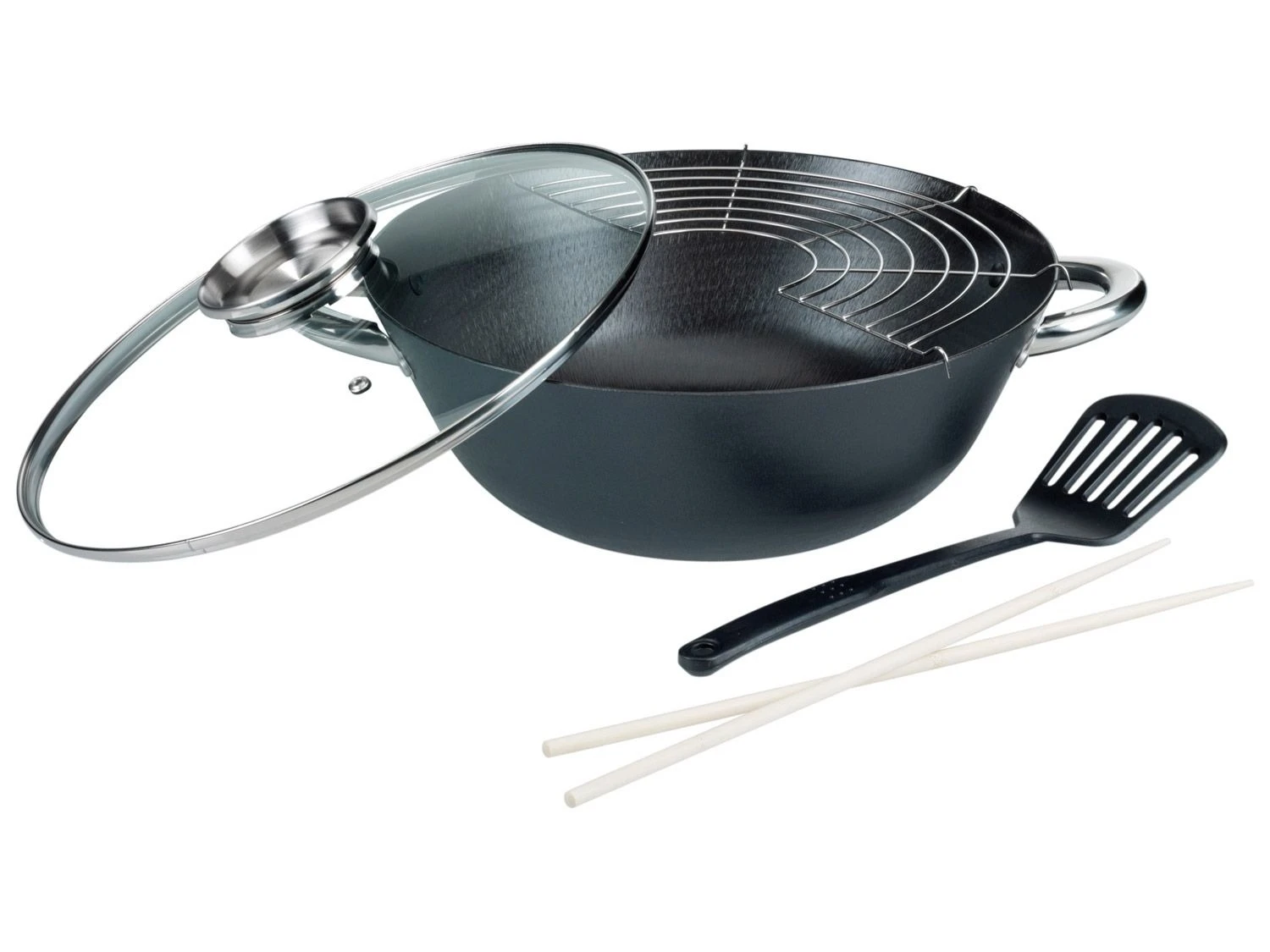 GSW Wok-Set, 5-teilig, Edelstahlgriffe, Aroma-Glasdeckel, Aus Gusseisen, Mit Ablagegitter 1 GSW Wok-Set, 5-teilig, Edelstahlgriffe, Aroma-Glasdeckel, Aus Gusseisen, Mit Ablagegitter
